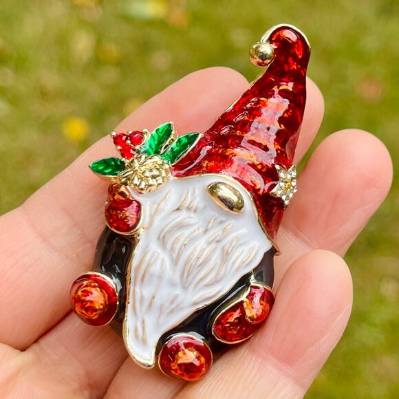 Gnome Brooch Christmas Brooch Holiday Gnome Brooch - Picture 4 of 5